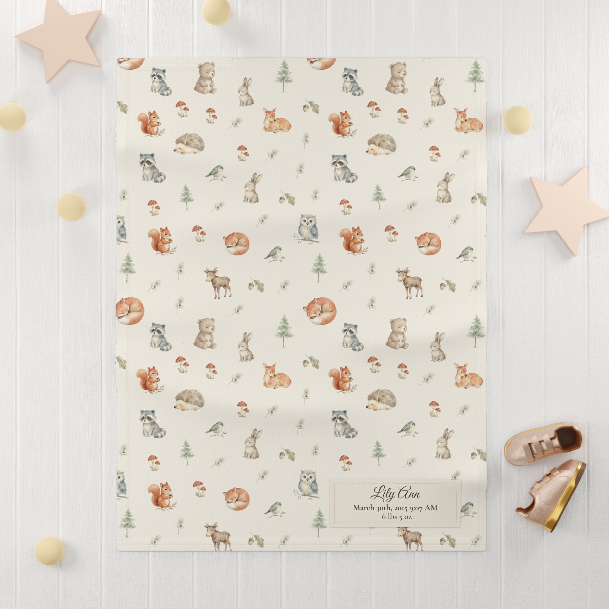 Fleece Baby Blanket (Creme Woodlands with Personalized Patch)