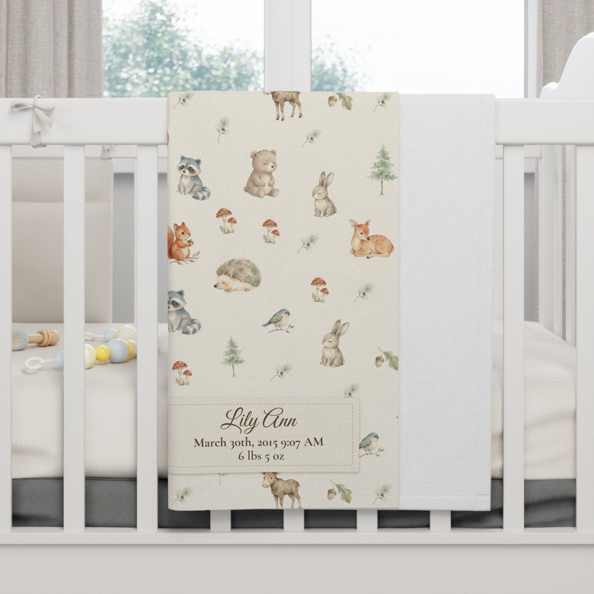 Fleece Baby Blanket (Creme Woodlands with Personalized Patch)