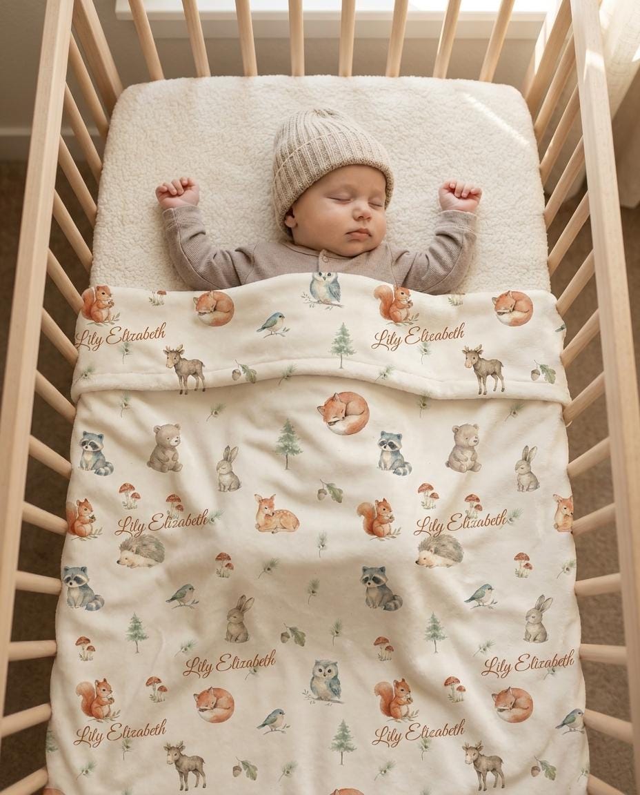 Personalized woodland forest baby blanket in creme with custom name