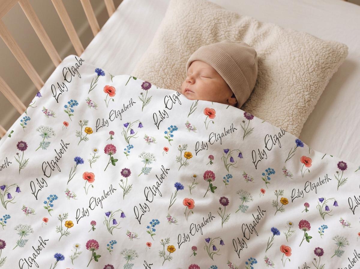 Personalized wildflower baby blanket with custom script name