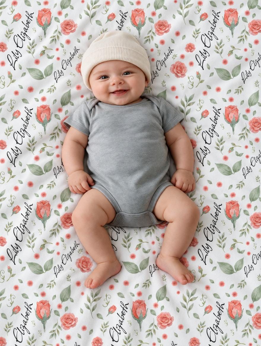 Personalized coral rose baby blanket with custom name
