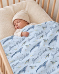 Personalized ocean blue whale baby blanket with script name