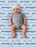 Personalized dusty blue whale baby blanket with repeating name