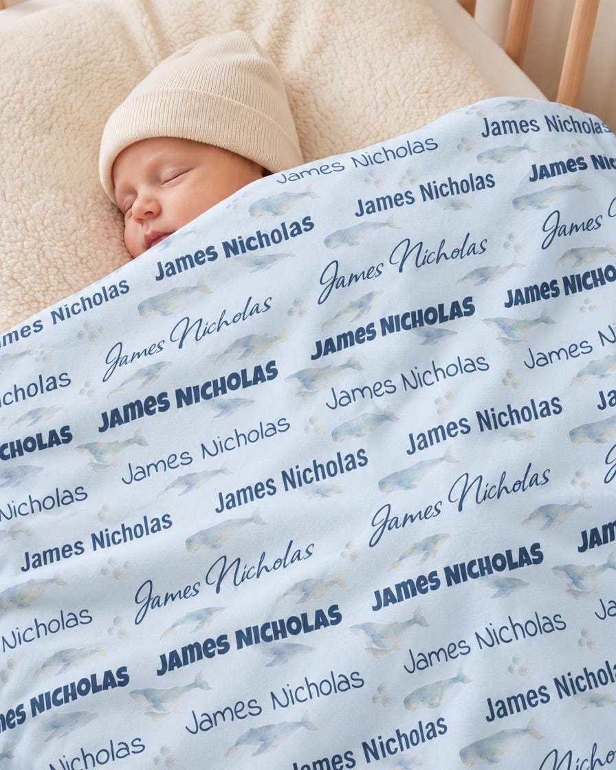 Dusty blue whale name blanket - view 6