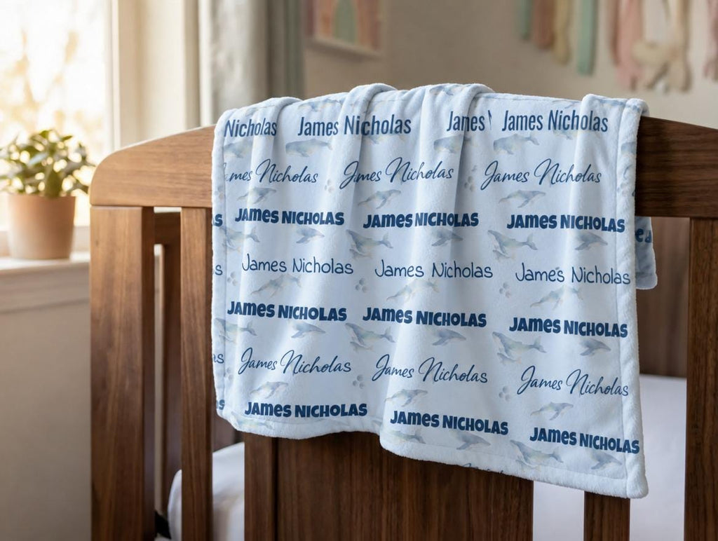 Dusty blue whale name blanket - view 10