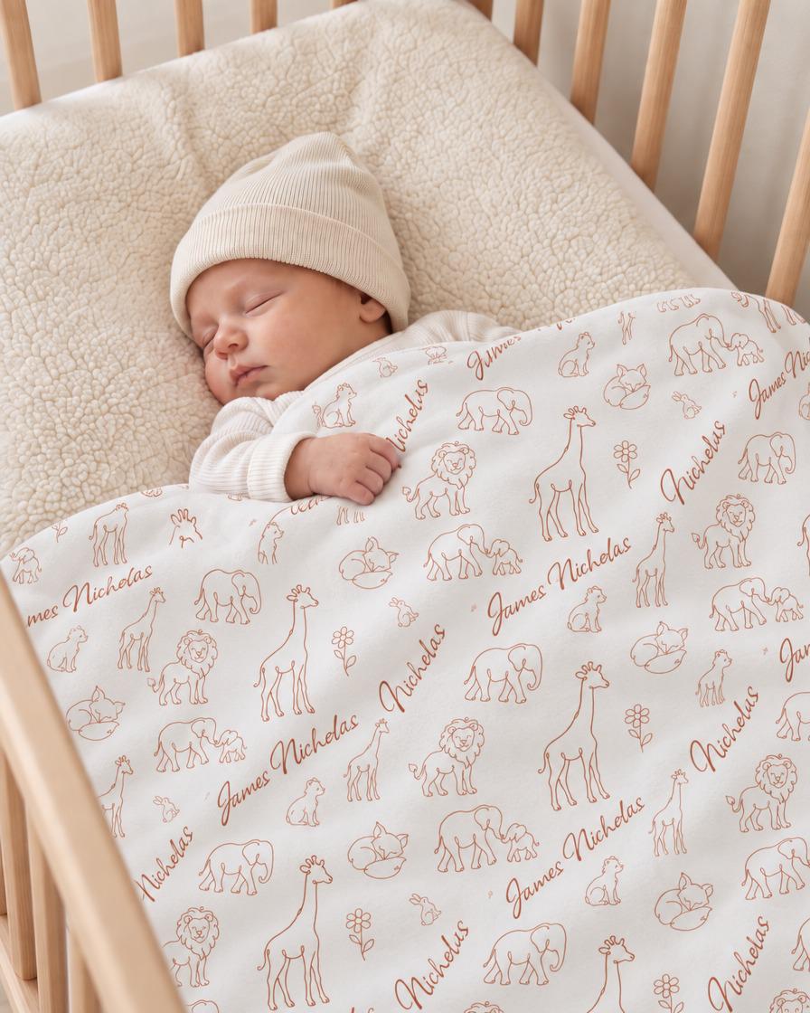 Personalized line art animal baby blanket with custom name