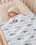 Personalized watercolor whale rows baby blanket with custom name
