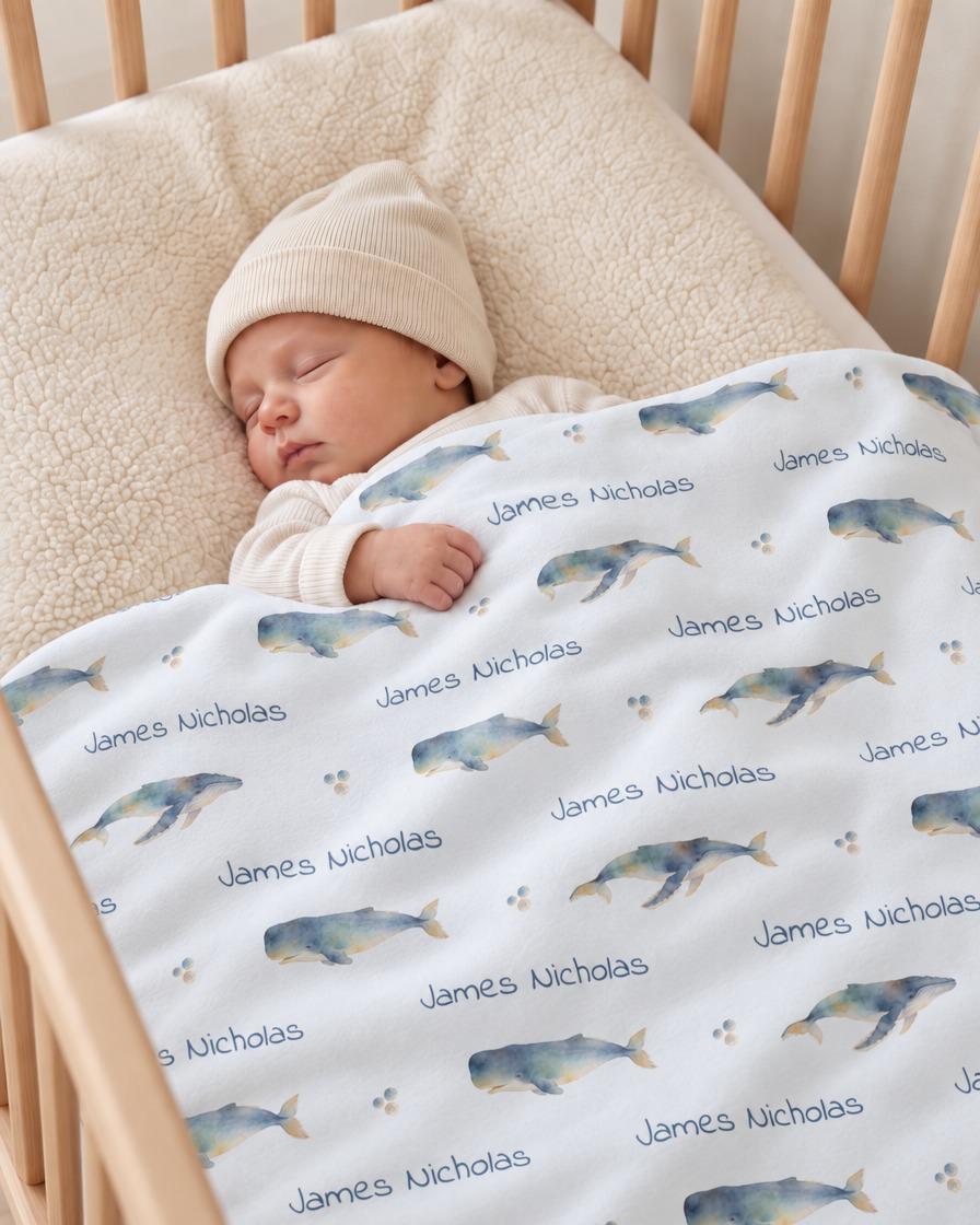 Personalized watercolor whale rows baby blanket with custom name