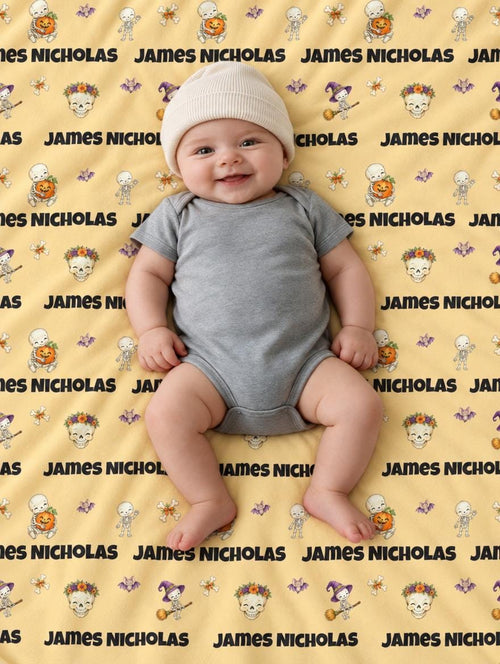 Personalized Halloween skeleton baby blanket with custom name