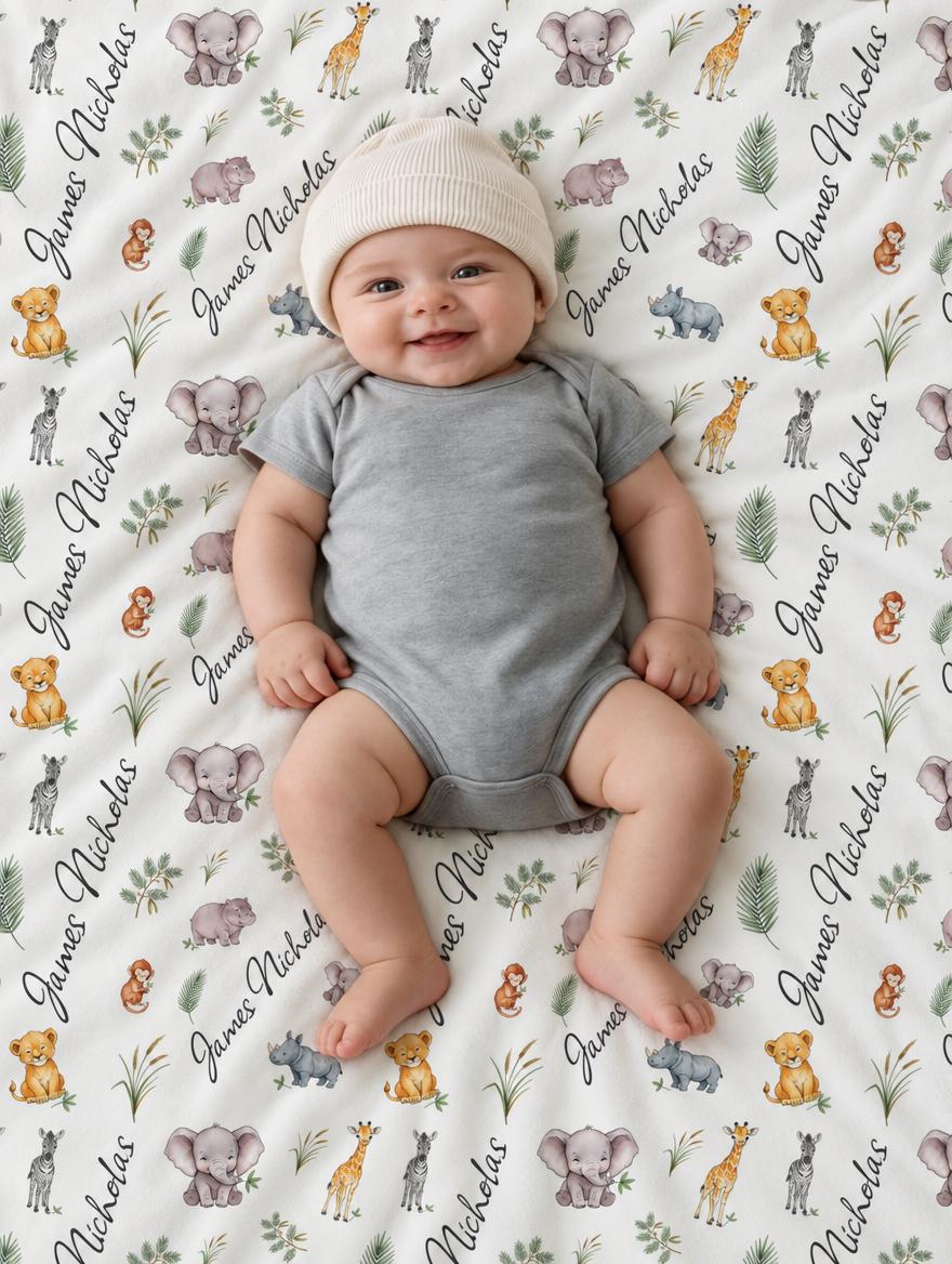 Personalized safari animal baby blanket with custom name