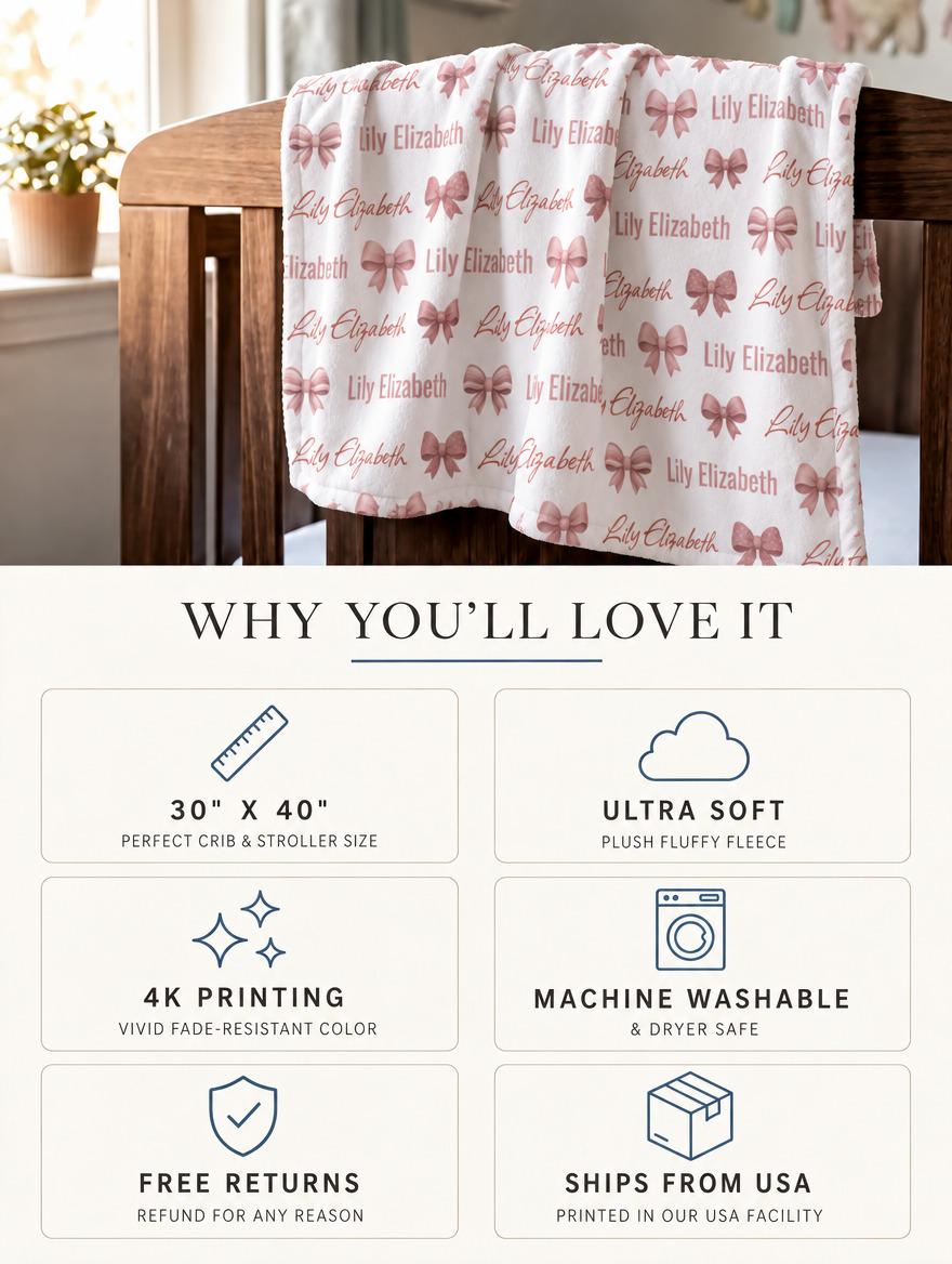 Personalized bow baby blanket features and 30x40 size
