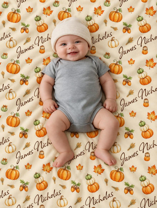 Personalized fall pumpkin baby blanket with custom name