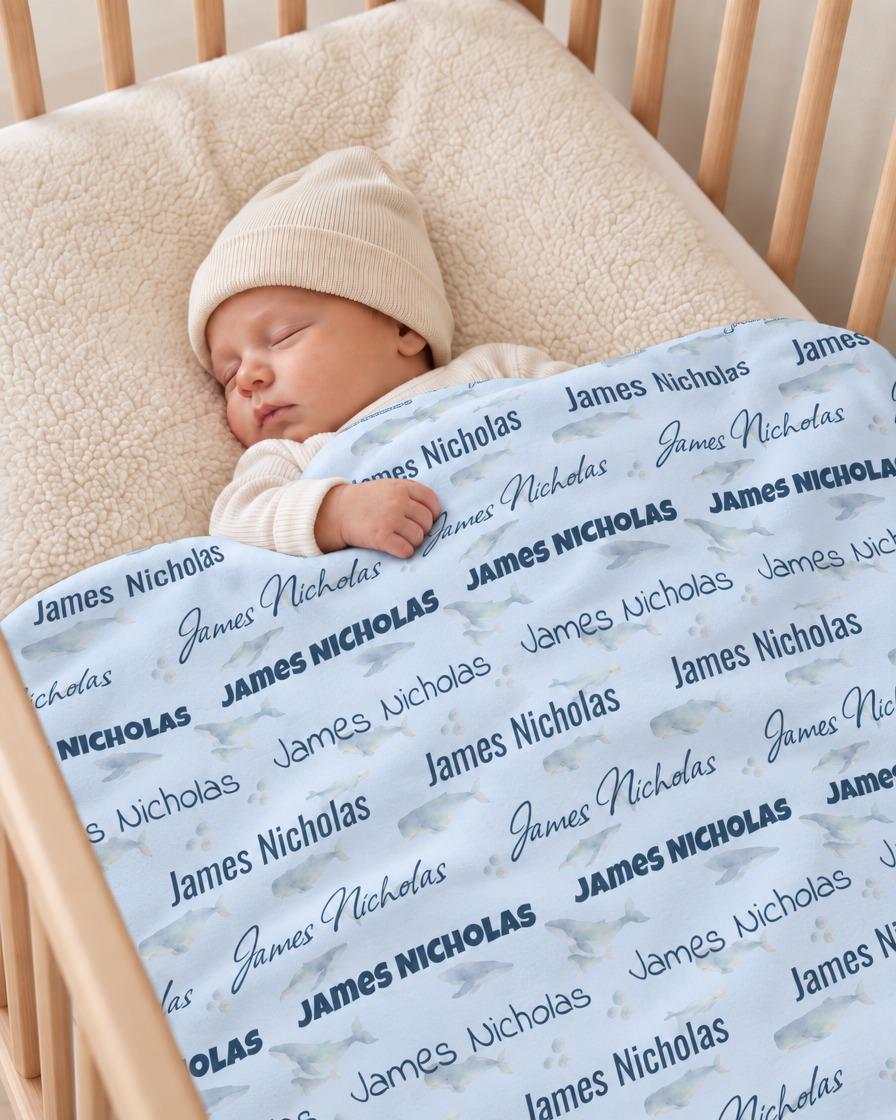 Dusty blue whale name blanket - view 2