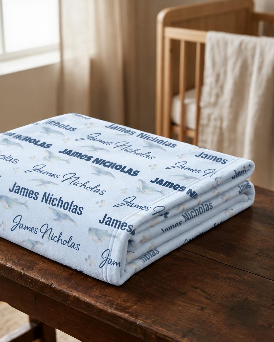 Dusty blue whale name blanket - view 3