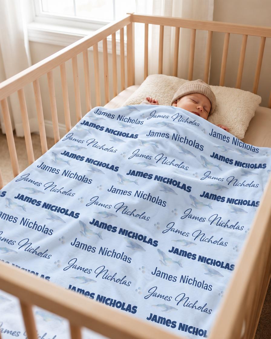 Dusty blue whale name blanket - view 5