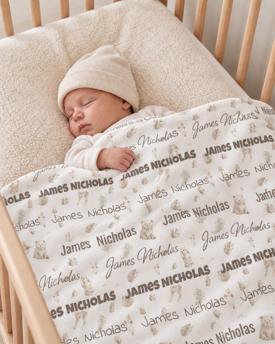 Personalized woodland animal baby blanket with custom name