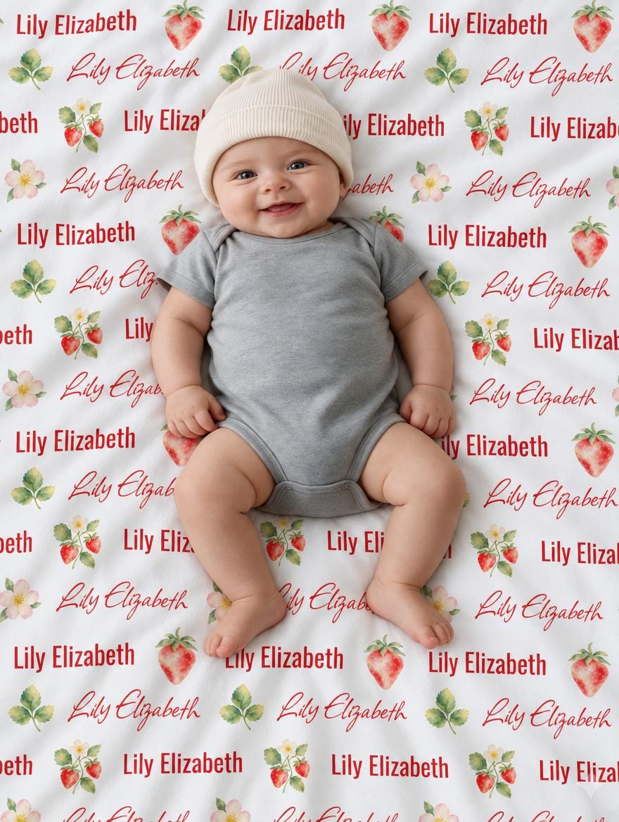 Personalized strawberry baby blanket with custom name