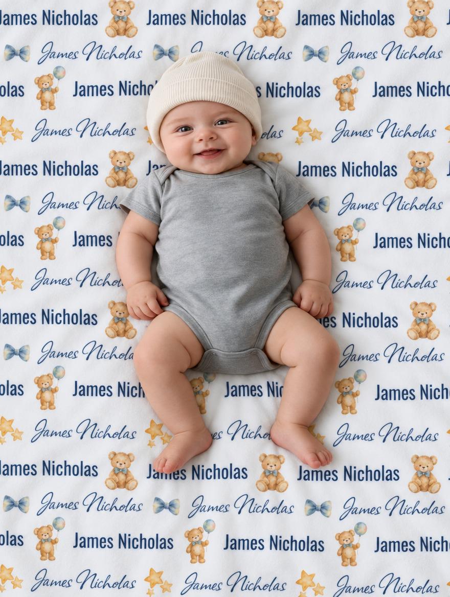 Personalized teddy bear baby blanket with custom name