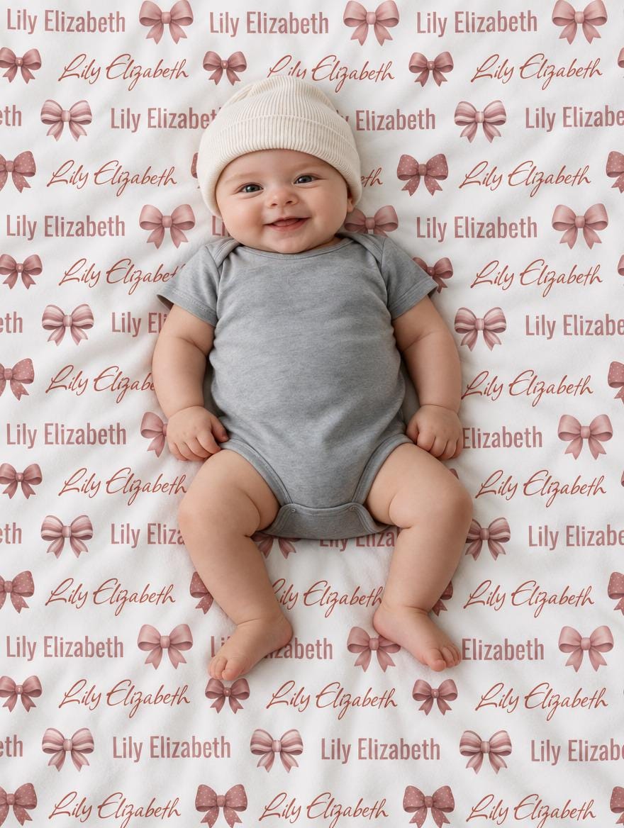 Personalized pink bow baby blanket with custom name