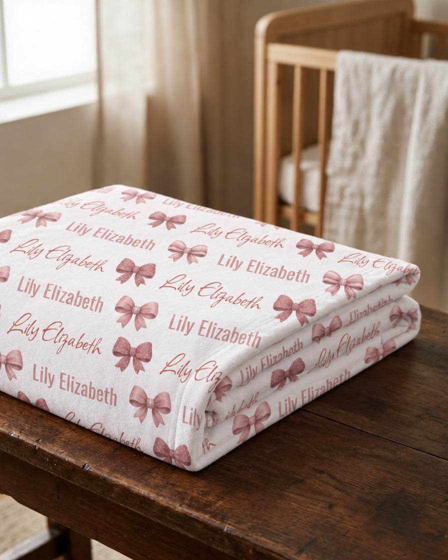 Folded personalized bow baby blanket showing name detail