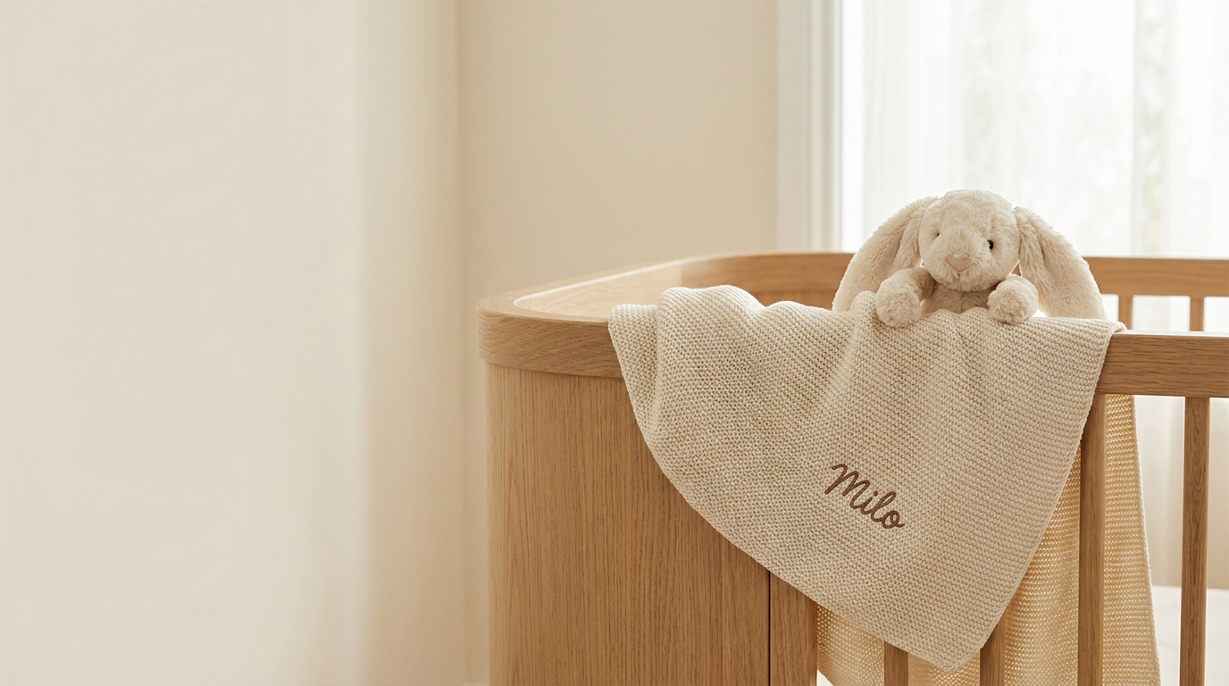 A cream-colored knit baby blanket with the name 'Milo' embroidered in brown, draped over the side of a light wood crib, with a plush stuffed bunny resting on top.